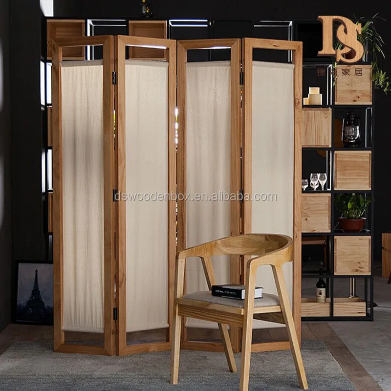 
4 Panel Folding Room Divider With Canvas Inlay Wooden Screen 