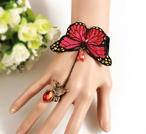

Lolita Red Butterfly Charm Lace Slave Bracelets with Ring Women Fashion Jewelry