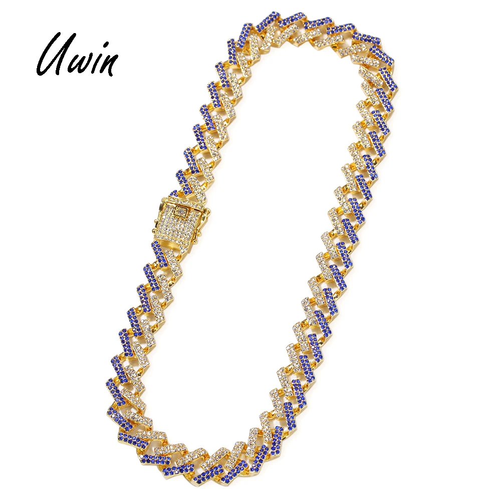 

UWIN New Hiphop Two Tone Men Cuban Link Chain Colored Crystal Miami Necklace Custom Blue Black Bling Iced Out Necklace, Gold;silver
