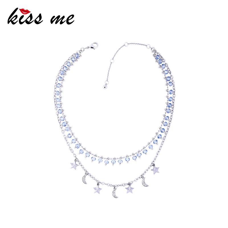 

xl01846c Nice Handmade Chains 2 layer Silver Moon And Star Necklace Wedding Jewelry Sets, As picture