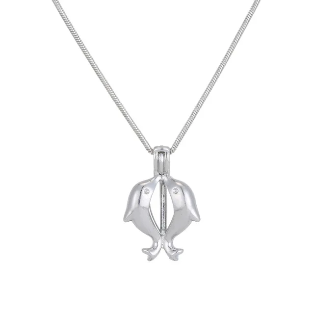 

Open Pearl Cage Small Phase Box Dolphin Kiss Copper Pendant Necklace