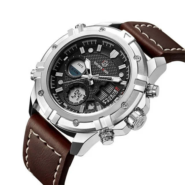 

Golden hour mens black leather strap digital quartz wrist watch, Black, silver black, coffee
