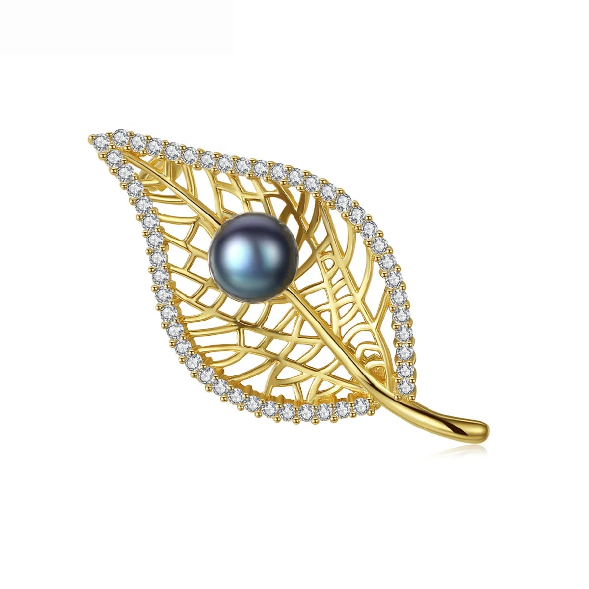 

CZCITY 925 Sterling Silver Natural Freshwater Pearl Jewelry Fine Leaf Pin Woman Designer Brooch