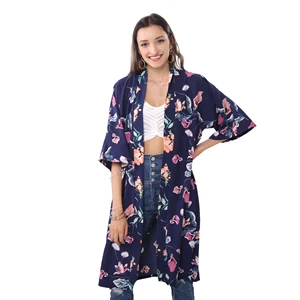 Fashionable long beach cardigan printed floral kimono