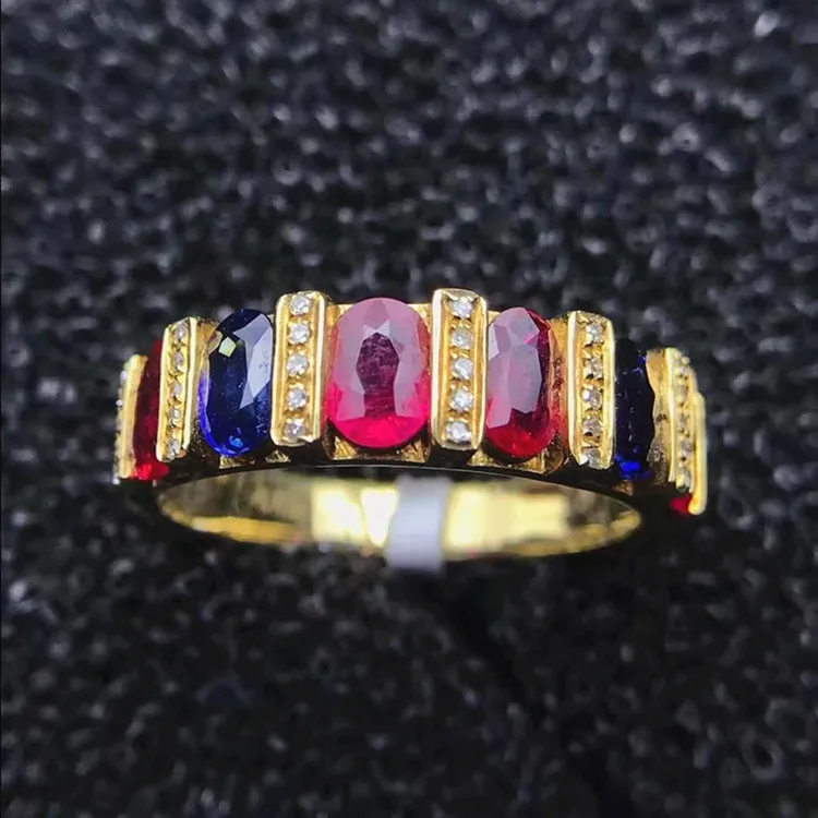 

Saudi Arabia luxury gemstone band jewelry 18k yellow gold South Africa real diamond 1.7ct natural red ruby blue sapphire ring, Red, blue