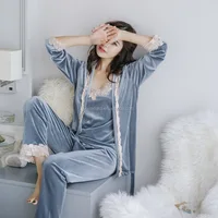 

Korean style Womens Sleepwear 3 Picecs Velvet Lace Trim Lounge Pajama Set