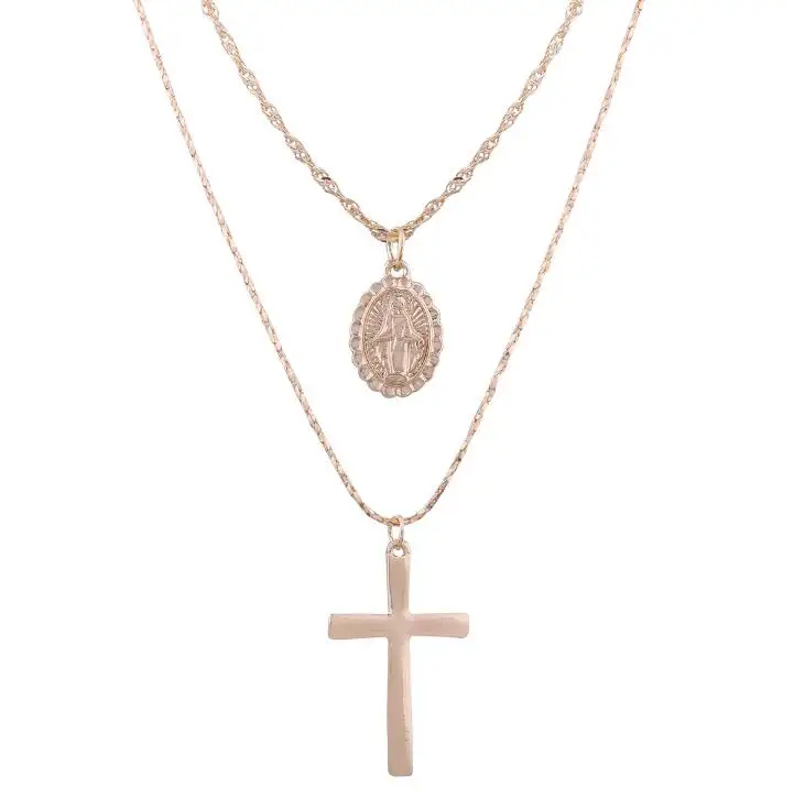 QD067 Huilin Jewelry 14k Gold Plated Religious Series Hot Sale New Classic Cross Virgin Mary Pendant Multi-layer Coin Necklace