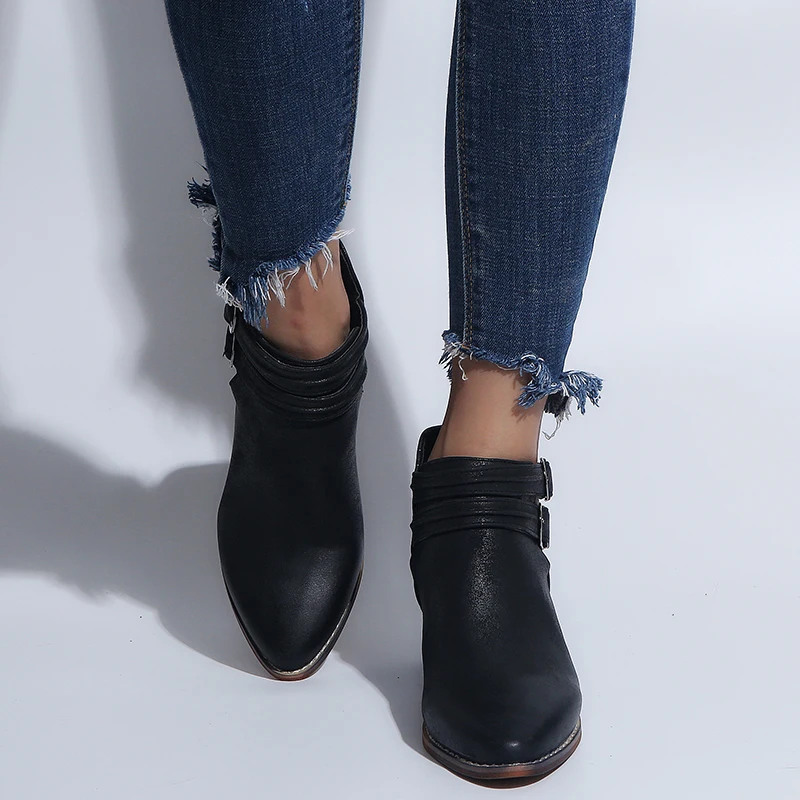 

Design Slip-On Style Thick Chunky Sole Ankle Boots Sturdy Mid Heel Winter Shoes Women