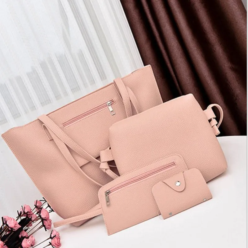 

2019 New lychee pattern women bags 4pcs set hand bags pu leather women bags, Red / black / pink / brown / grey