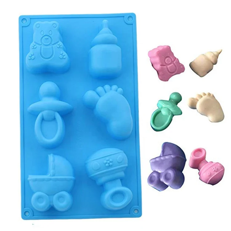 

Hot selling BPA free 6 cavity baby foot bear carriages shaped silicone cake mold food grade baby pacifier silicone mold, Random