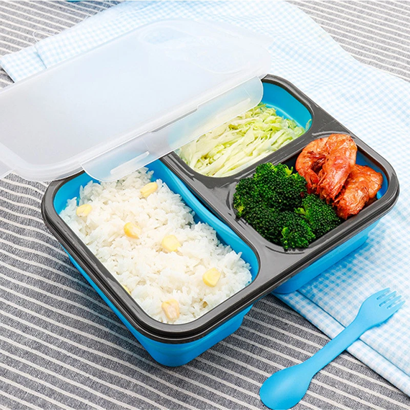 

BPA Free 3 Compartments Collapsible Bento Box Silicone Container Children Adult Foldable Lunch Box, Blue, green, orange, red