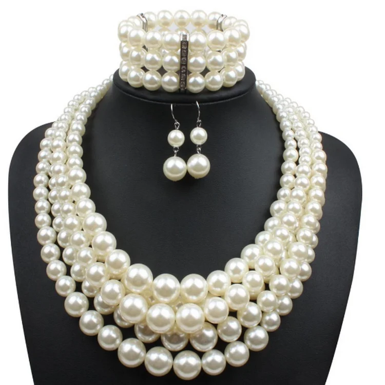 

Nice multi layered statement pearl necklace bracelet earring set, As photo