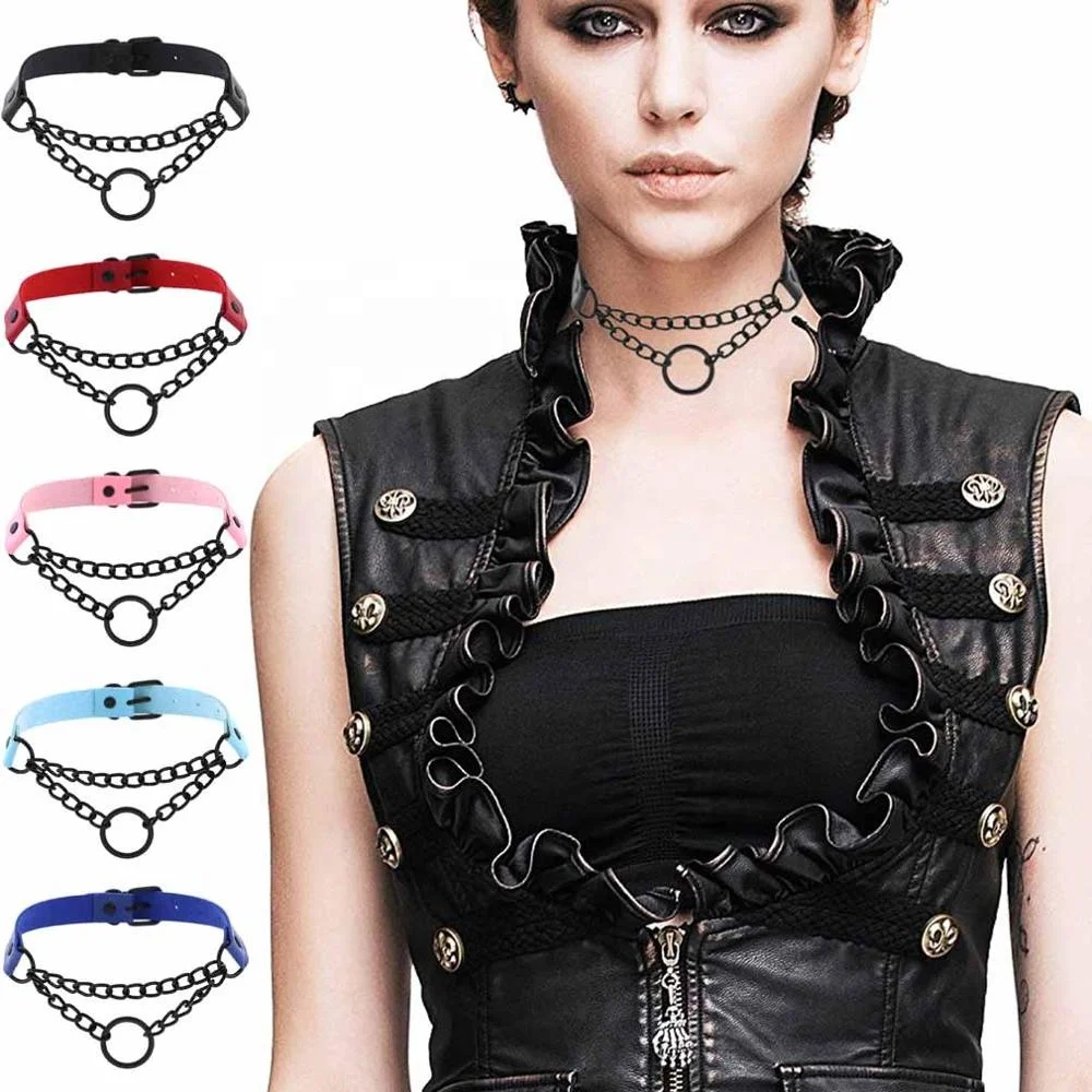 

Women Men punk Exaggerated Handmade Chain Choker Necklace O Round Black Metal Leather Collar Bondage Harness Necklace, 16 colors to choosing