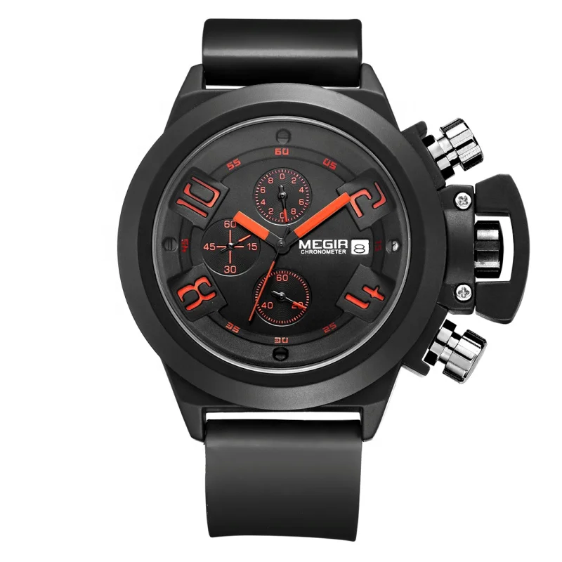 

Relojes Hombre Megir 2002 Top Brand Luxury Military Chronograph Quartz Watches Men Silicone Sport Watch Waterproof, Black, white