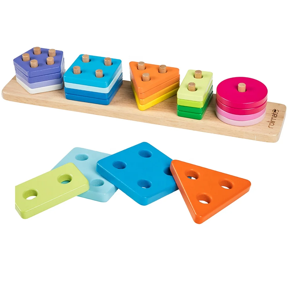 

Perceptual Exercise Game Colorful Geometric Educational Wooden Puzzle 3D Strip Montessori Wooden Stacked Toys For Young Toddler
