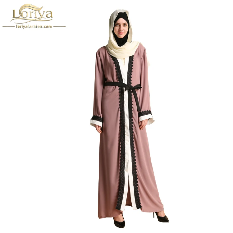 

Best Selling Dubai Design New Open Abaya Fashion Kimono Maxi Cardigan heavy chiffon pink lace Abaya 2017, Oem