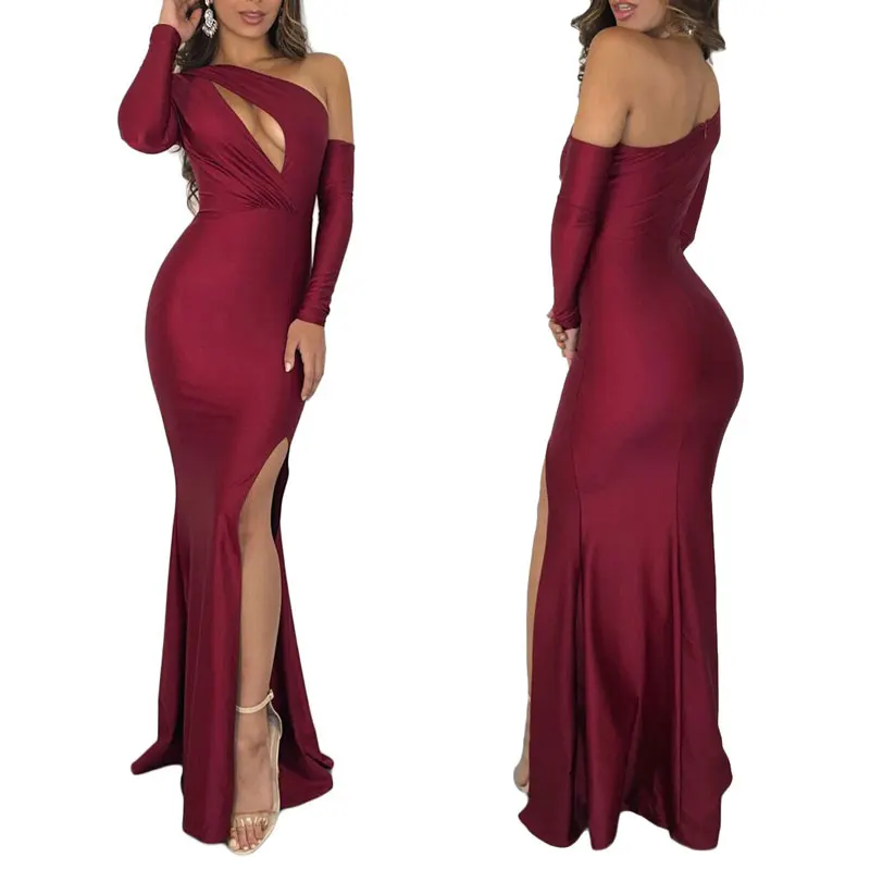 

80908-MX127 sexy one shoulder ladies spilt long evening dresses
