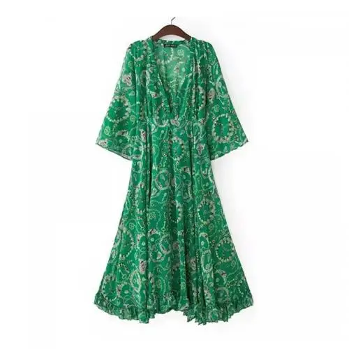 

315694 summer dress printed green chiffon long style bohemian women dress