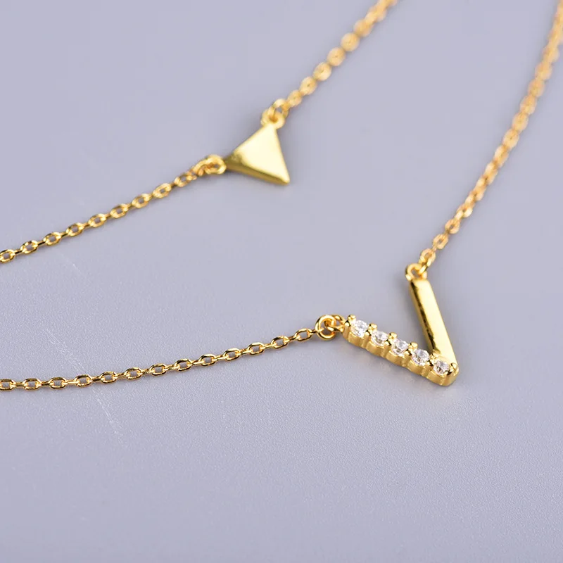 

Fashion Geometric White Gold/ Rose Gold Plating 925 Sterling Silver 2 Layer Chains Triangle Silver Necklace