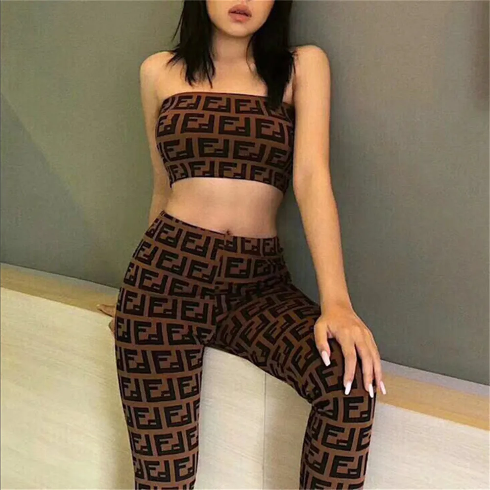 

TOB Women's Sexy Wrapped Breasts Two Pieces Sets High Waist Digital Printed Tube Top Pants Set