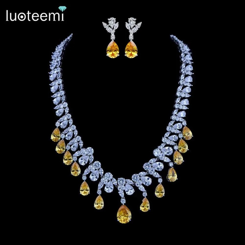 

LUOTEEMI Charming Yellow Waterdrop Zircon Paved Drop Earrings and Choker Necklace Bridal Wedding Jewelry Set