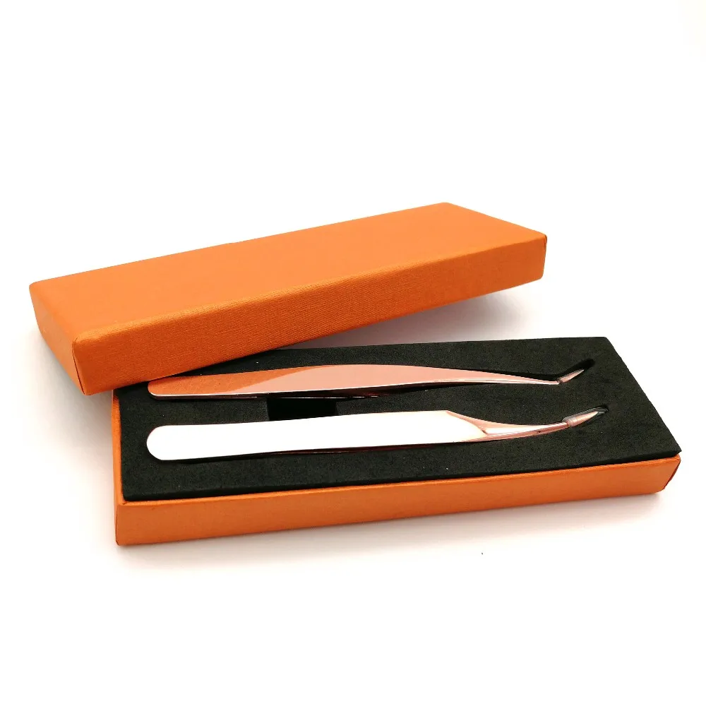 

Private label wholesale Rose gold eyelash tweezer false lash tweezers set with box packaging