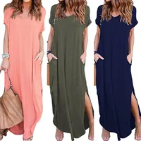 

Ecowalson Hot Women's Casual Loose Pocket Long Dress Short Sleeve Split Maxi Dress