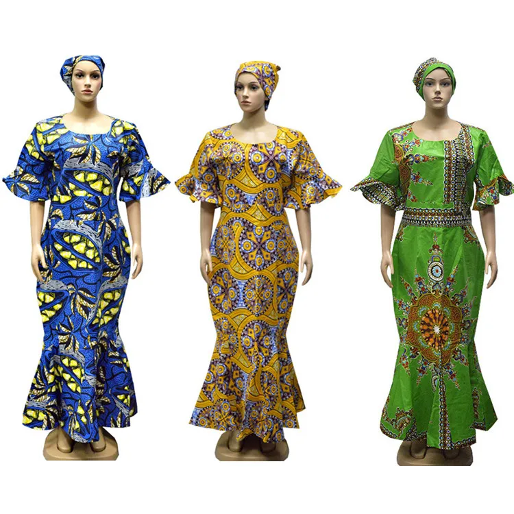 

Queency Quality Designs Custom Dress With Headscarf African Traditional Clothing Ankara Print Wax Maxi dress, As shown