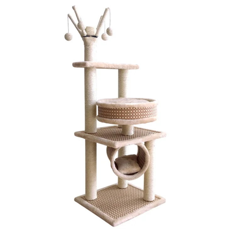 

Plush Wooden Cat Furniture Pet Condo Tower Cat Scratcher Tree House Tower, Beige