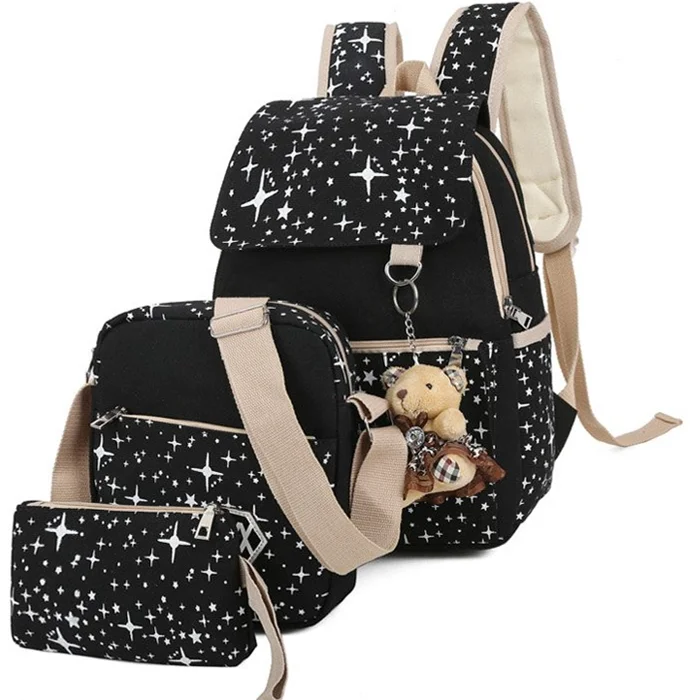 

3pcs casual canvas women girl school backpack travel bag set, Black/blue/green/light green/pink
