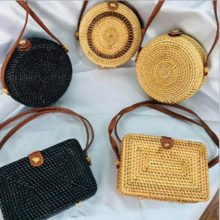 

Wholesale custom new design straw shoulder bamboo beach rectangle rattan bag round, Picture