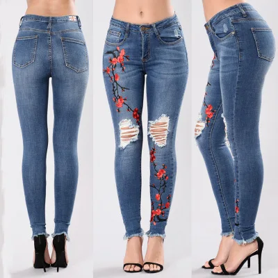 

F20535A Hot sale lady jean trousers mid waist ripped skinny embroidered jeans pants for women, As picture