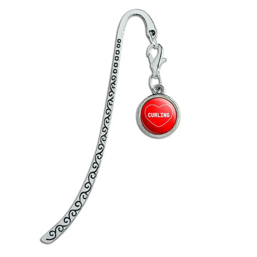 Metal Bookmark Page Marker with Charm I Love Heart Sports Hobbies C-E - Curling