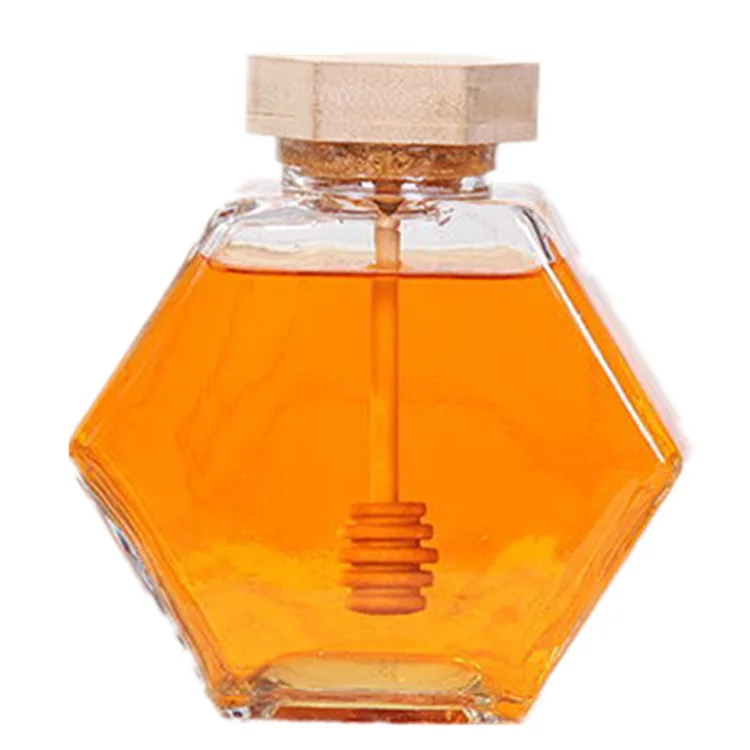

100ml 220ml 380ml Hexagon glass honey storage jar with honey stick and wooden lid, Transparent
