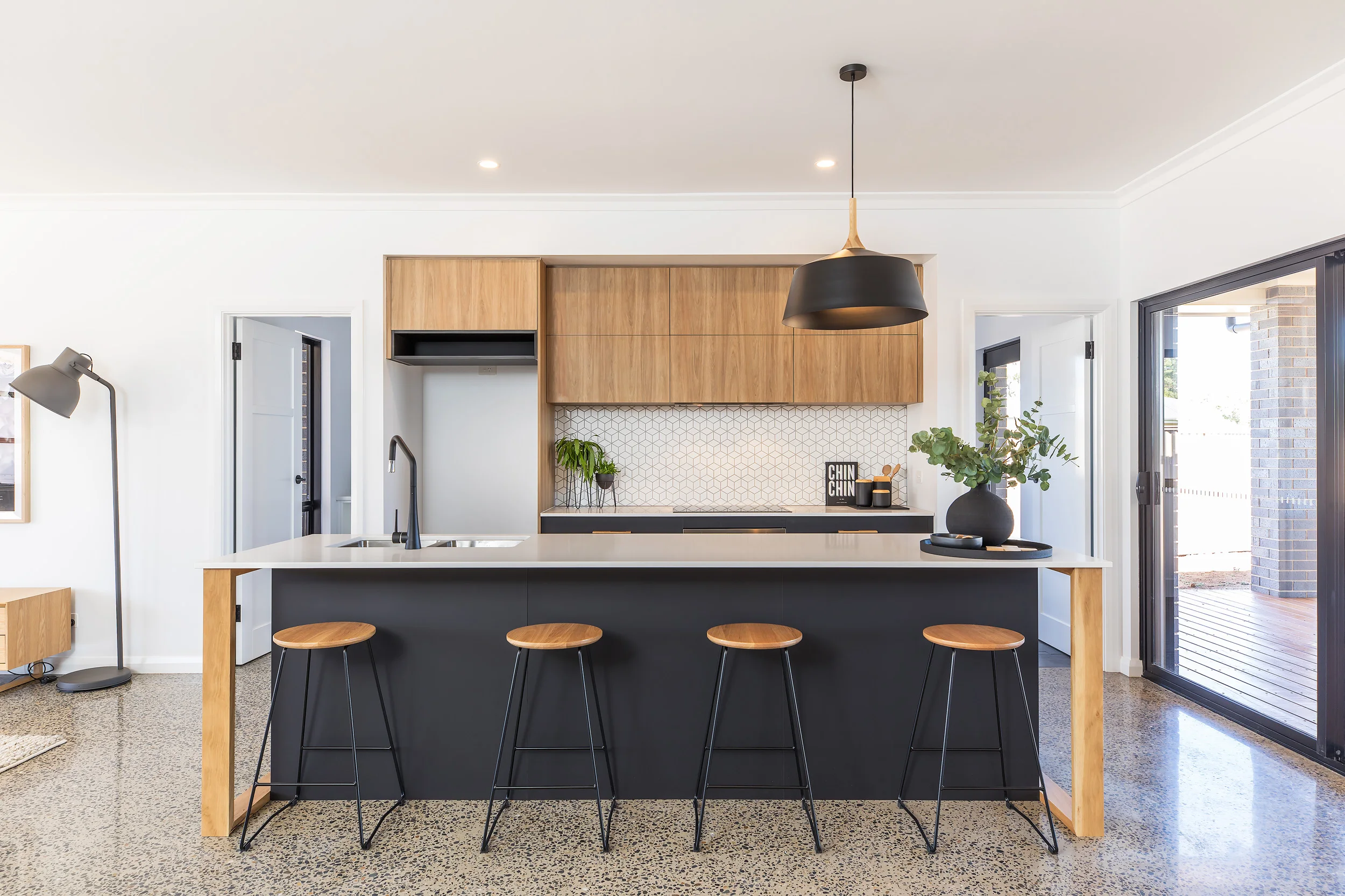 modern i shaped with island wood grain melamine grey kitchen