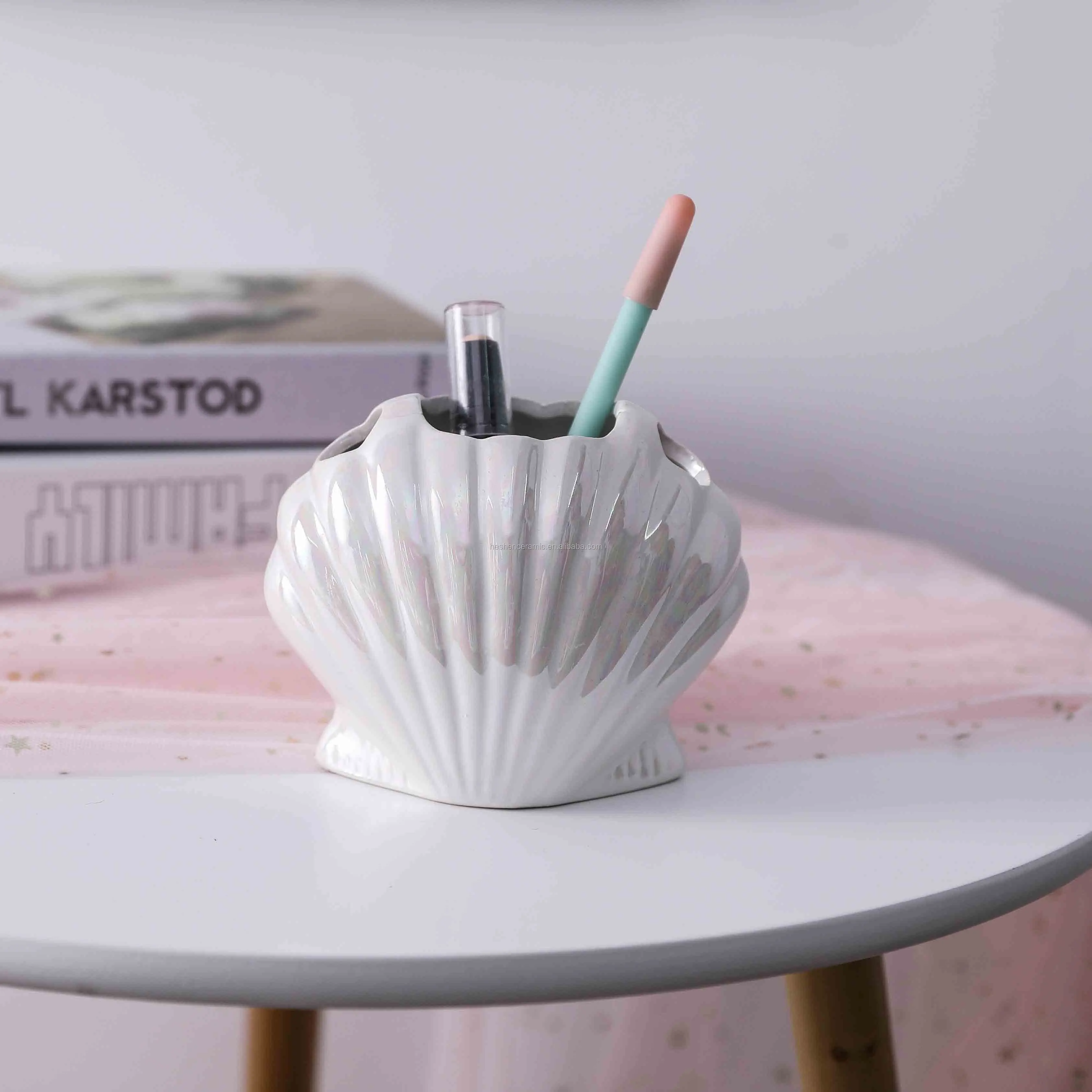 Colored handmade shell shaped small ceramic pencil holder for table decoration