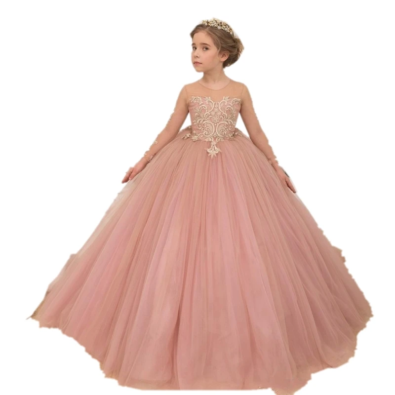 

Pink Flower Girls Dresses For Weddings Long Sleeve Tulle Lace Girls Pageant Gowns, Pink/custom made