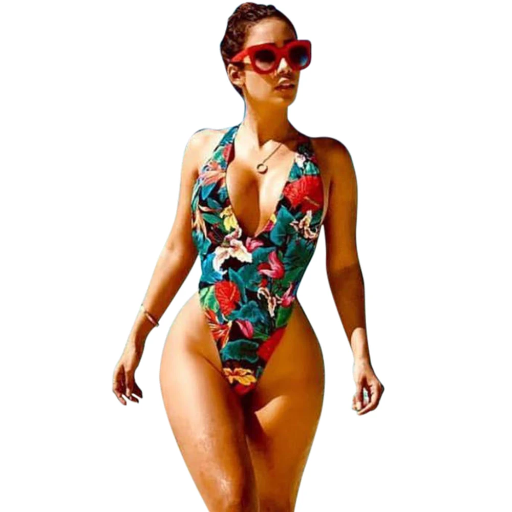 

Sexy Print Floral Deep V-neck Backless Beachwear Women Bikini One Piece Swimsuit
