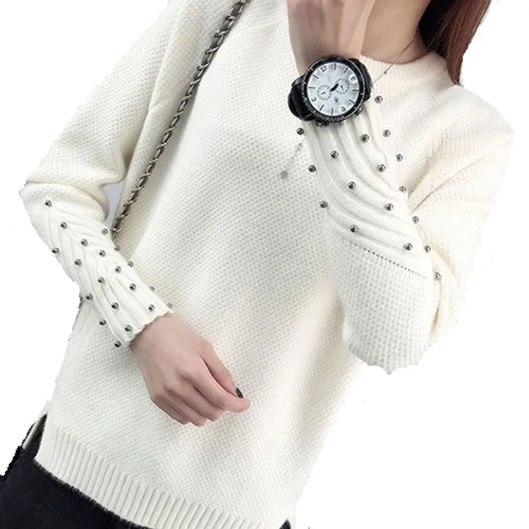 

2019 cashmere sweater women turtleneck pullover ladies Beading Long Sleeve Pure Color Knitting Elegant Split winter Sweater, Rice whitegreen bean;purple pink;wine red;navy blue;military green