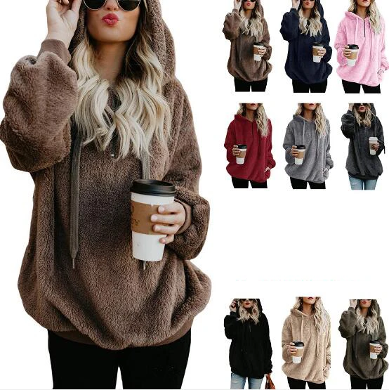 

Women's Warm Long Sleeves Sherpa Pullover Sweatshirts Winter Fluffy Hoodie with Pocket Top Hooded Jumper Plus Size, 9 solid colors