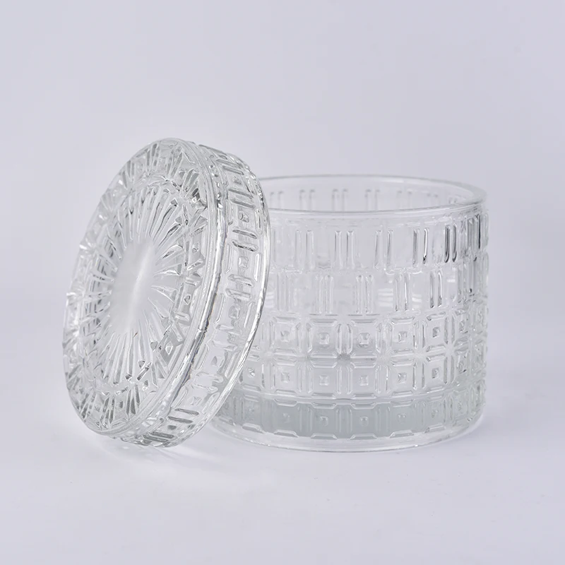 Wholesale 410ml cylinder glass embossed candle holders with lid home decoration