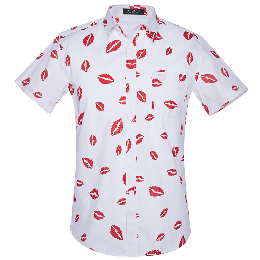 

Fashion Regular Fit Mens Cotton Short Sleeve Dot Print Hawaiian Shirt Summer Casual KISS Shirts Men Plus Size Vacation Tops