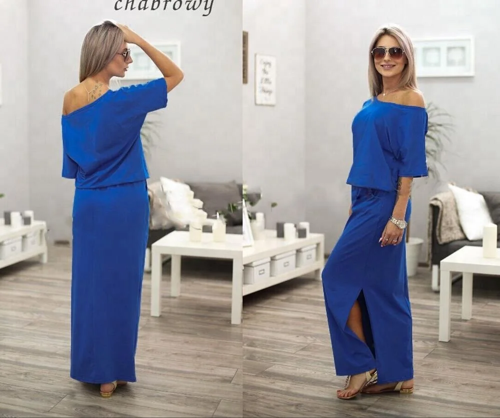 

A84 2019 Off shoulder split dress with waist tie Women Ladies Sexy Oblique One Shoulder Dress Half Sleeve Side Open Fork Pocket