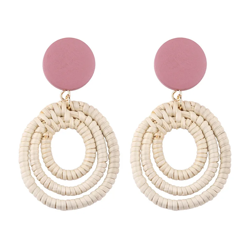 

New wooden straw dangle jewelry round earring for women, N/a