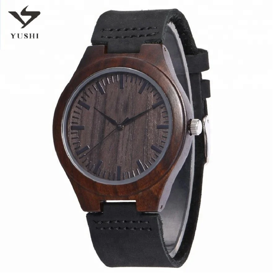 

Wholesale drop-shipping black sandal wooden watch with genuine leather strap