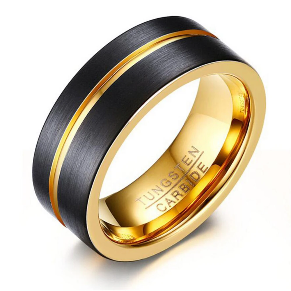 

2024 Fashion Tungsten Steel Rings Jewelry Wholesale 8MM Tungsten Steel Brushed Groove Ring Black &Gold Men's Rings