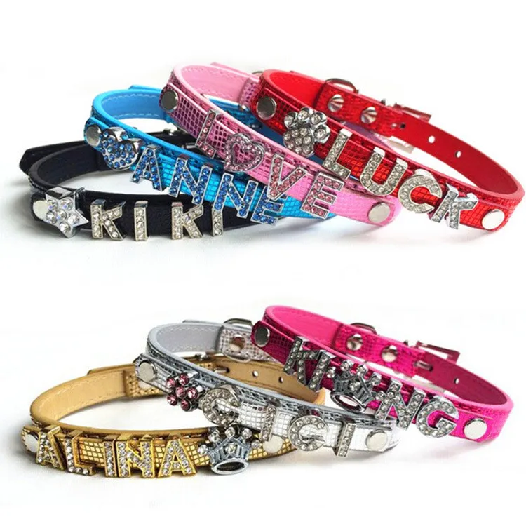

PU Leather Bling 10MM Rhinestone DIY Name Personalized Dog Collar, Yellow, black , white , red