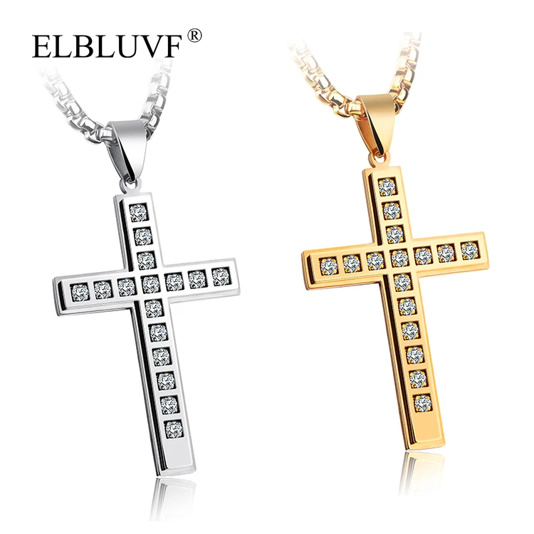 

ELBLUVF Stainless Steel Cross Shape Pendant Necklace Zircon Jewelry For Men Male, Stainless steel , gold