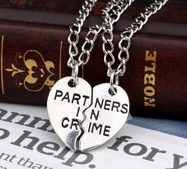 

Cool Break Heart Partners In Crime Vintage Silver Charm Pendant Necklace 2PCS