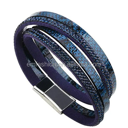 

New Arrival Fashion Two Rolls Leopard Snake Leather Rhinestone Magnetic Buckle Women Leather Bracelet, Black;gray;blue